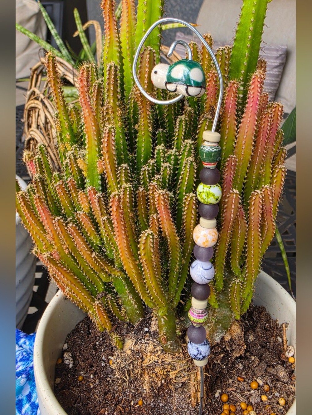 Handmade Green Beaded Plant Stake with Ceramic Turtle Accent